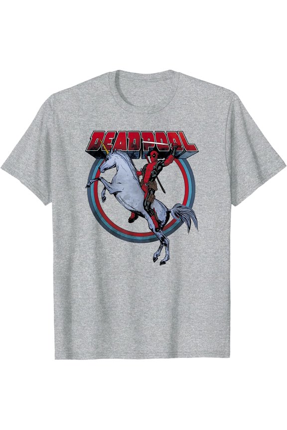 Deadpool Merc Riding a Unicorn Rainbow Circle DTG Print Unisex T-Shirt,Sport Grey Color,Size 3XL
