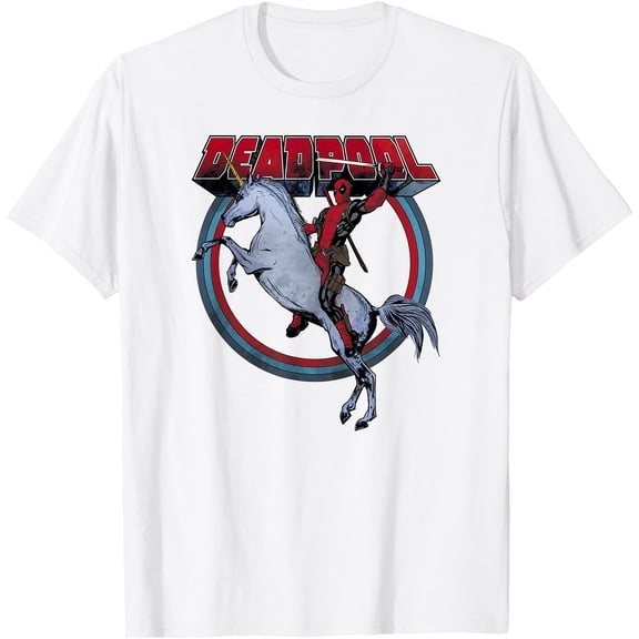 Deadpool Merc Riding a Unicorn Rainbow Circle DTG Print Unisex T-Shirt