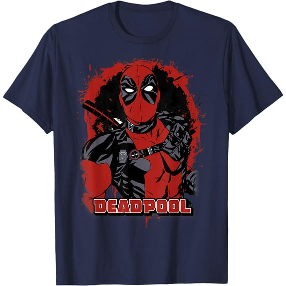 Deadpool Paint Splatted Super Hero Graphic DTG Print Unisex T-Shirt,Navy Color,Size 2XL