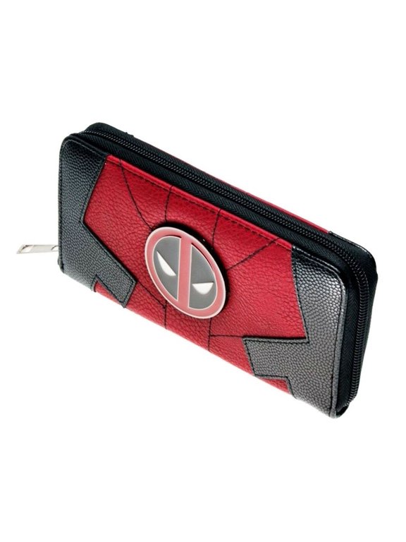 Deadpool Red and Black Zip Around Clutch Wallet With Metal Shield Logo