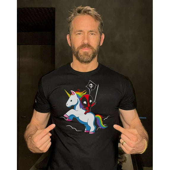 Deadpool Riding A Unicorn T-Shirt Funny Movie Themed Men's Tee Shirt Unisex Top, Halloween, Christmas, Birthday Gift Present, Black Color, Size S