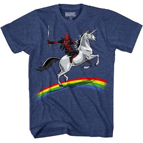 Deadpool Riding a Unicorn on a Rainbow T-Shirt for Men - Fun Graphic Tee