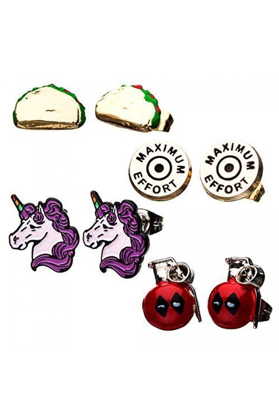 Deadpool Stud Earring Set, Officially Licensed - Marvel Comics Stainless Steel Artwork - 4 Pack