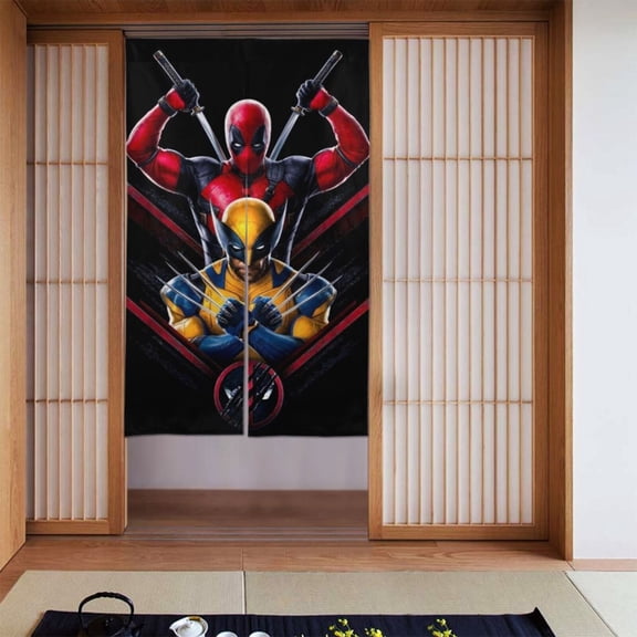 Deadpool Wolverine Two Piece Patchwork Sheer Pattern Semi-Blackout Door Curtain, Decorative Blackout Door Curtains for Bedroom Living Room, Kids Room Decor 34x56in One Size.