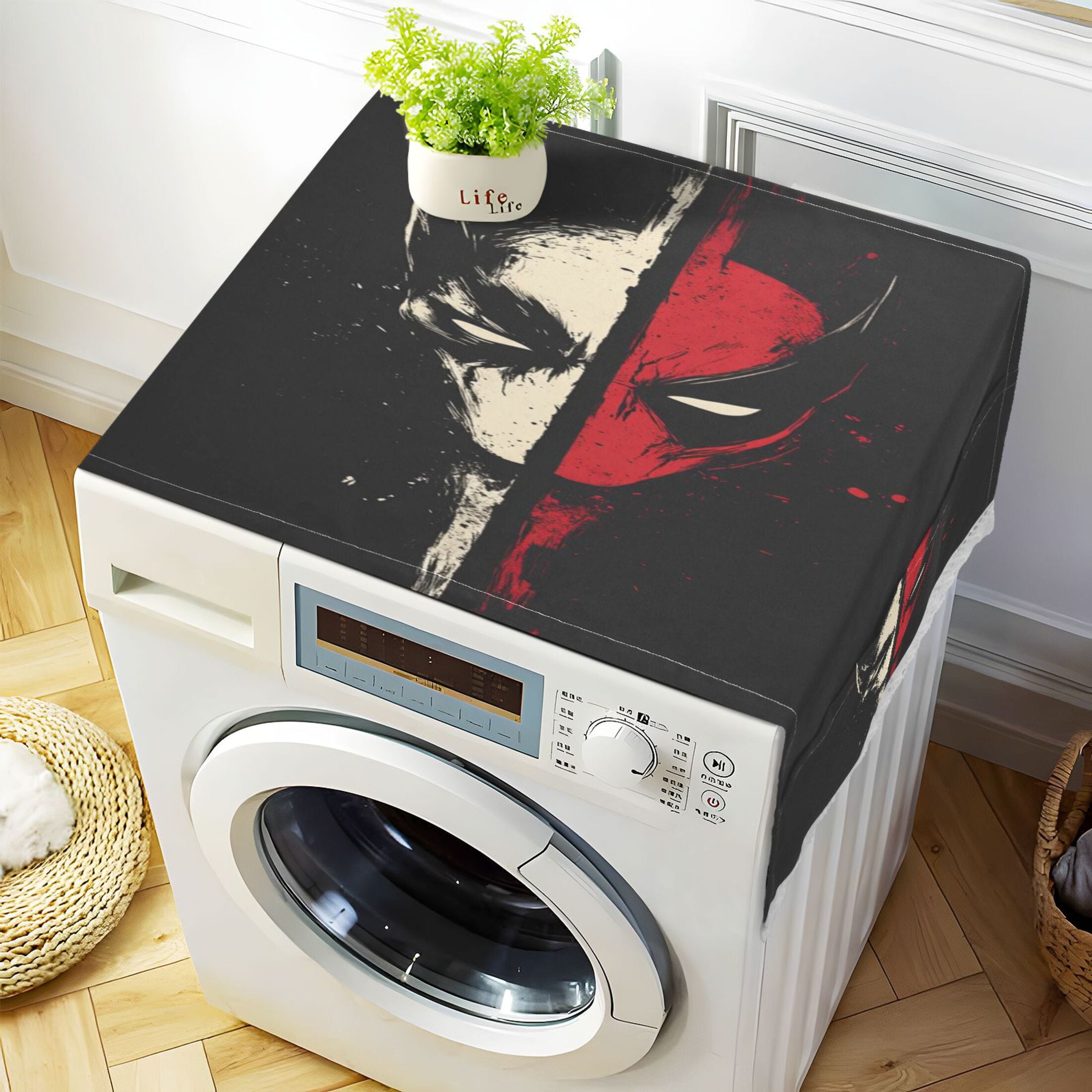 Wobogo Red and White Mask Washer and Dryer Covers Dust-Proof and Oil Resistant Fridge Cover with 4 Storage Pockets Washing Machine Top Cover for Laundry Kitchen Home 51.2 x 22 In