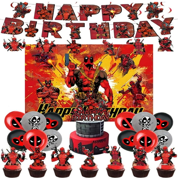 Deadpool cartoon party supplies, birthday party decorations including happy birthday banner, balloons, hanging swirls, cake toppings