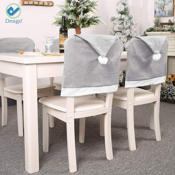 Deago 1 PCS Santa Clause Hat Chair Covers, Gray Hat Kitchen Chair Back Covers For Christmas Holiday Festive Décor