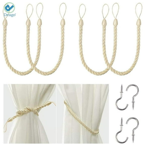 Deago 1 Pair Curtain Ropes Tiebacks Decorative Handmade Tie Backs Curtain Holdbacks Holders Cord with 2 Metal Screw Hooks for Window Sheer Drapes Indoor Outdoor, Beige