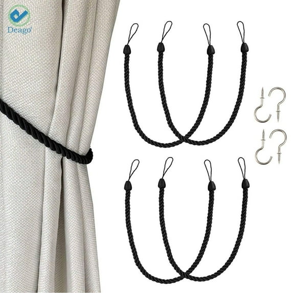 Deago 1 Pair Curtain Ropes Tiebacks Decorative Handmade Tie Backs Curtain Holdbacks Holders Cord with 2 Metal Screw Hooks for Window Sheer Drapes Indoor Outdoor, Black