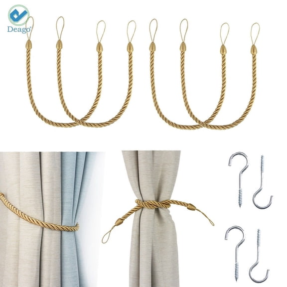 Deago 1 Pair Curtain Ropes Tiebacks Decorative Handmade Tie Backs Curtain Holdbacks Holders Cord with 2 Metal Screw Hooks for Window Sheer Drapes Indoor Outdoor, Golden