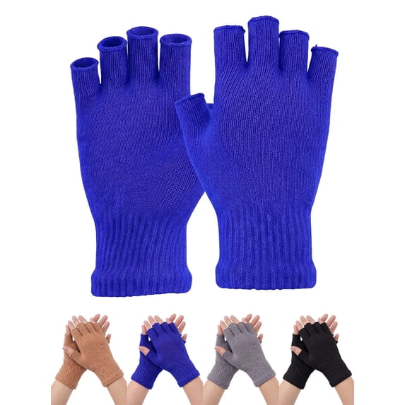 Deago 1 Pairs Winter Half Finger Gloves Knitted Fingerless Mittens Warm Stretchy Gloves for Men and Women (Blue)