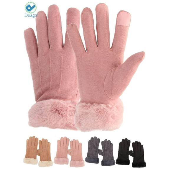 Deago 1 Pairs Womens Touch Screen Phone Fleece Windproof Gloves Winter Warm Wear (Pink)