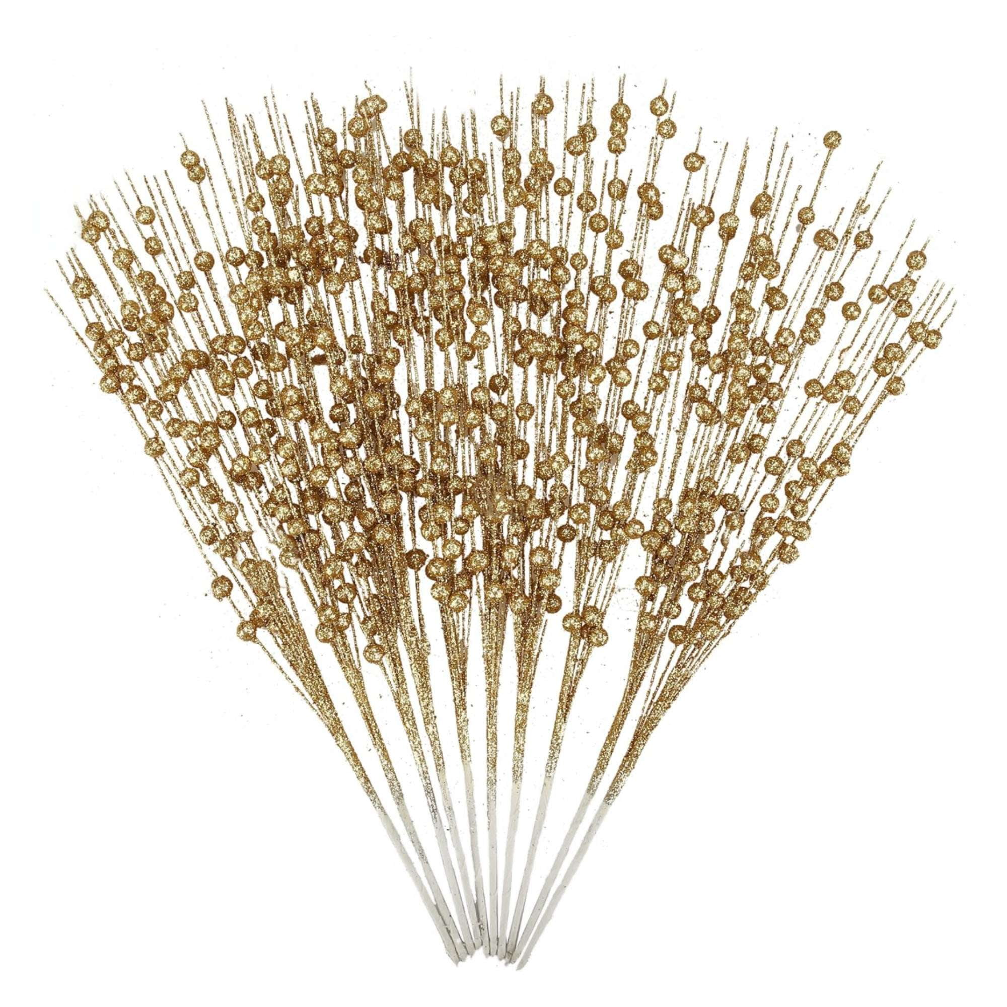 Deago 10 Pack Gold Artificial Glitter Berry Stem Ornaments 15.7 Inches
