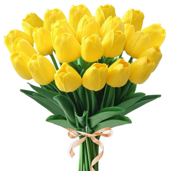 Deago 10 Pcs Artificial Tulips Flowers Real Touch PU Tulips Arrangement Bouquet for Home Room Office Party Wedding Decoration (Yellow)