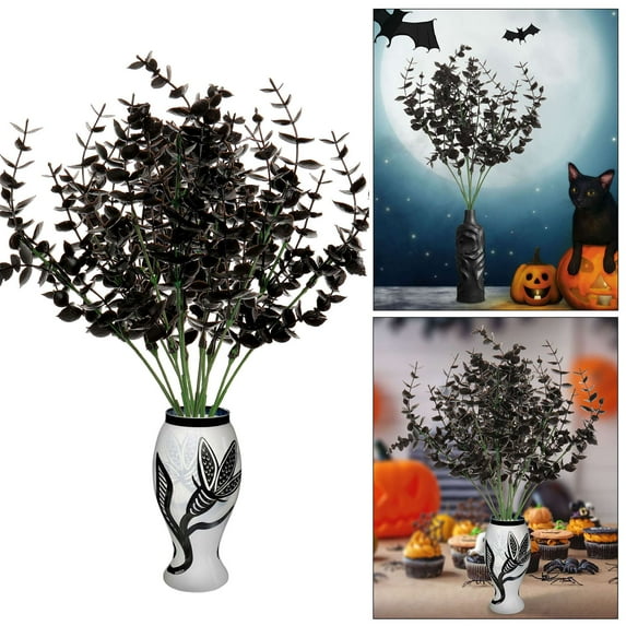 Deago 10 Pcs Black Artificial Eucalyptus Stems Faux Halloween Flowers Eucalyptuses Real Touch Leaf Centerpiece Home Decor