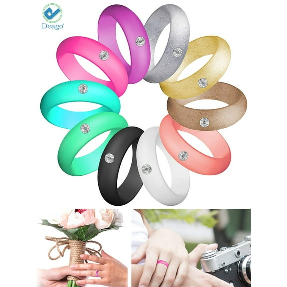 Deago 10Pcs Women's Thin Stackable Silicone Rings Set with Rhinestone Band For Wedding Party Engagement Workout Sports (Size 5)