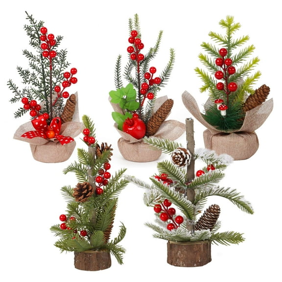 Deago 11.8" Small Artificial Mini Tabletop Christmas Tree Decorations with Holiday Ornaments Red Berry Pine Cone Greenery for Xmas Party Home Office Room Decor