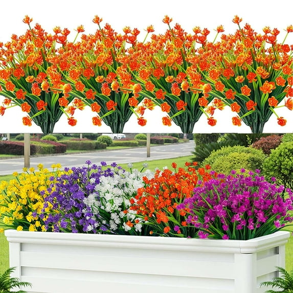 Deago 12 Bundles Artificial Flowers for Outdoor Decoration UV Resistant Faux Plastic Greenery Shrubs Plants Fake Flowers Planter Home Garden Indoor Decor (Red)