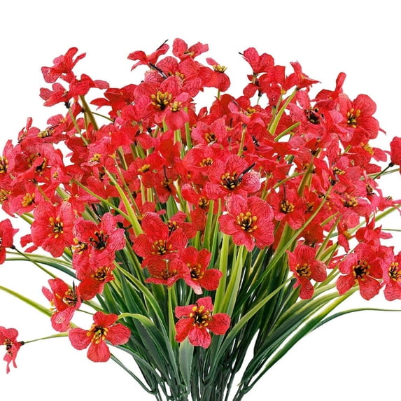 Deago 12 Bundles Artificial Violet Flowers Outdoor UV Resistant Shrubs Fake Flowers No Fade Plastic Plants Garden Porch Window Box Decorating (Red)
