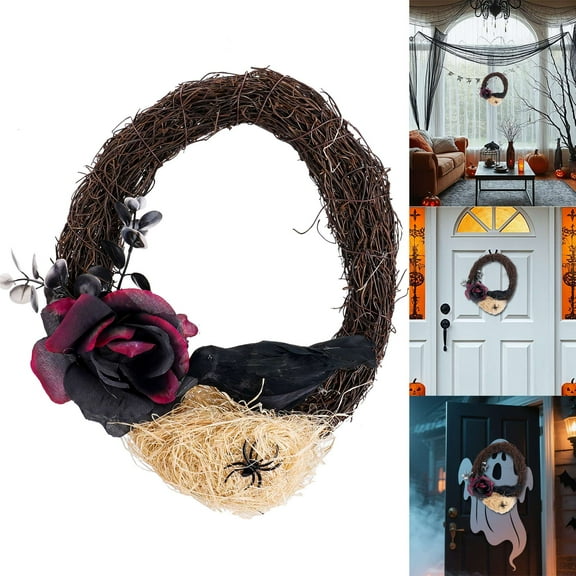 Deago 12" Halloween Crow Rose Wreath Artificial Gothic Dead Branch Garland Mysterious Halloween Hanging Decorations for Front Door Indoor Outdoor Halloween Party
