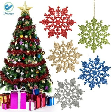 Deago 12 Pcs Christmas Plastic Glitter Snowflake Ornaments Decoration For Tree Holiday Xmas Party Store Home Décor (3.93inch)