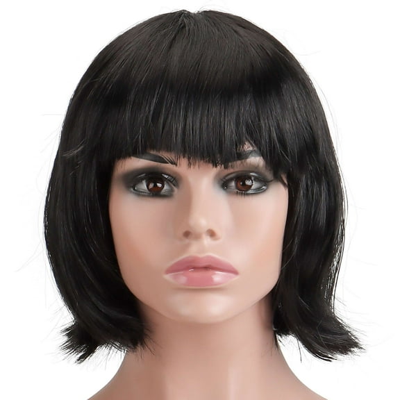 Deago 12" Short Straight Bob Wig with Bangs Synthetic Colorful Cosplay Costume Halloween Party Flapper Wig for Women (Black)