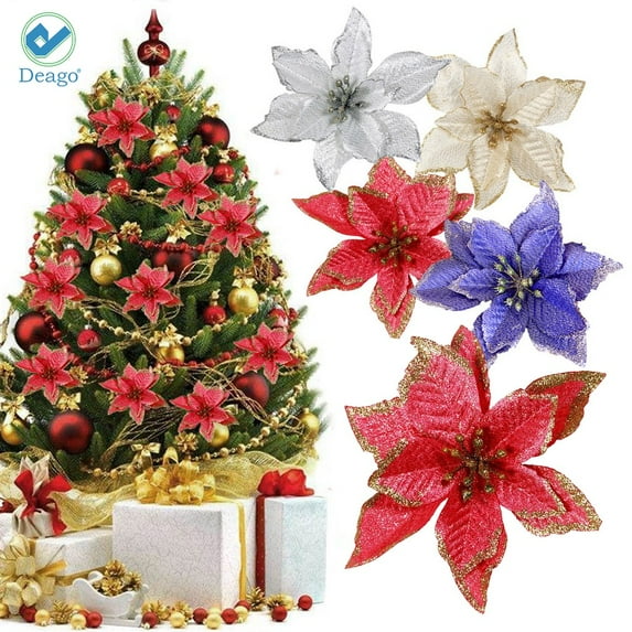 Deago 12pcs 5.91" Artificial Flower Glitter Poinsettia Flowers For Christmas Tree Ornament Home Wedding Party Floral Décor (Blue)