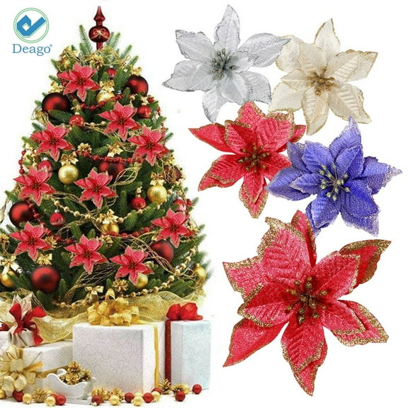 Deago 12pcs 5.91" Artificial Flower Glitter Poinsettia Flowers For Christmas Tree Ornament Home Wedding Party Floral Décor (Red)