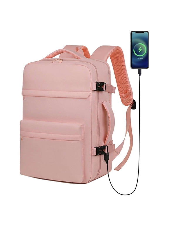15.6 Inch Travel Laptop Backpack for Men Women Flight Approved Luggage Carry On Backpack Water Resistant Computer Bag with USB Charging Port (Pink)
