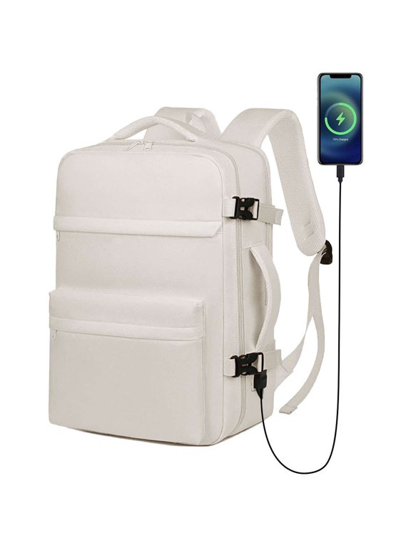 15.6 Inch Travel Laptop Backpack for Men Women Flight Approved Luggage Carry On Backpack Water Resistant Computer Bag with USB Charging Port (White)