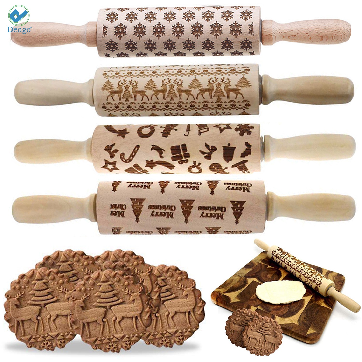 Deago 17" 3D Christmas Wooden Rolling Pin Embossing Roller Pins with Christmas Pattern for Cookies Cake Baking Kitchen Tool - image 1 of 8