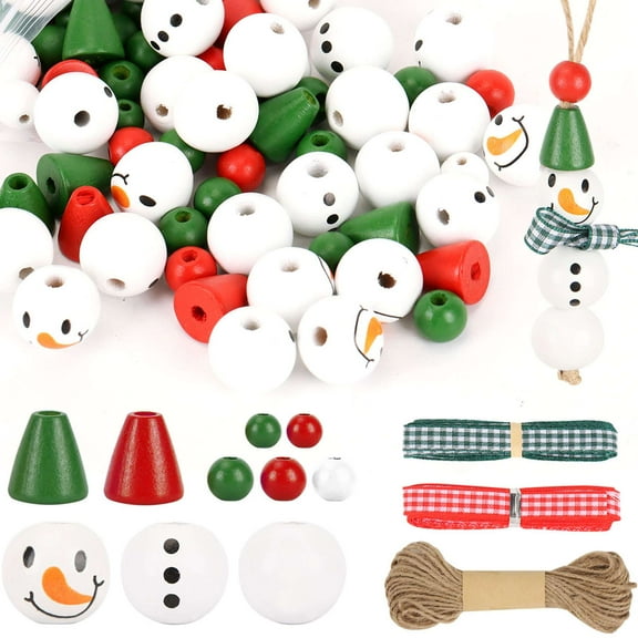 Deago 193 Pieces Christmas Winter Snowman Wooden Beads for Craft Christmas Buffalo Plaid Round Wood Round Bead with Twine Scarf Wood Beads for DIY Jewelry Decor