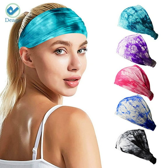 Deago 2 PCS Women Tie Dye Headbands Yoga Running Sports Cotton Headbands Elastic Non Slip Sweat Soft Head Bands Workout Fashion Hair Bands