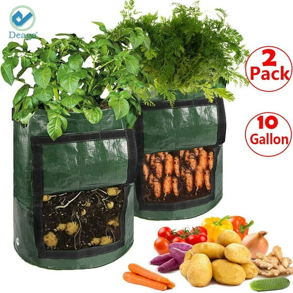Deago 2 Pack 10 Gallon Garden Potato Grow Bags DIY Planter Bags PE Cloth Planting Container Bag with Handles Access Flap for Carrot Onion Vegetables