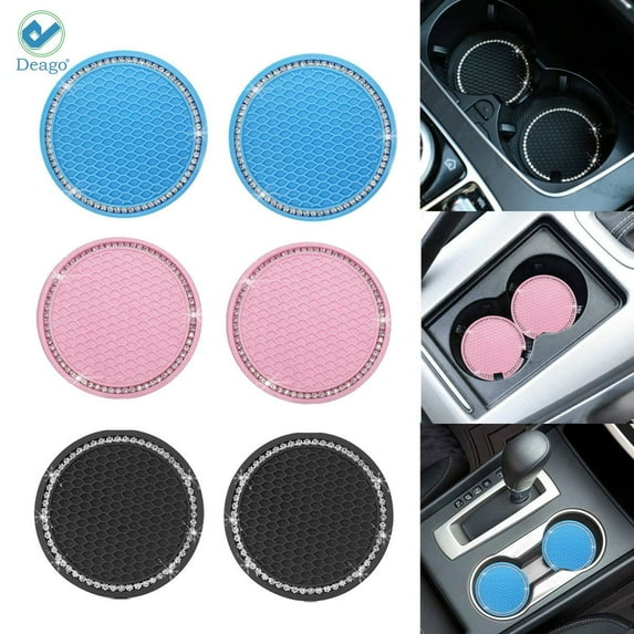 Deago 2 Pack Bling Car Coasters 2.75 inch PVC Travel Auto Cup Holder Insert Coaster Anti Slip Crystal Vehicle Interior Accessories Cup Mats (Blue)