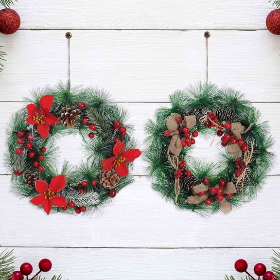 Deago 2 Pack Christmas Wreath with Pinecone Berries Bows Front Door Ornament Wall Artificial Pine Garland for Party Decor 13 Inches