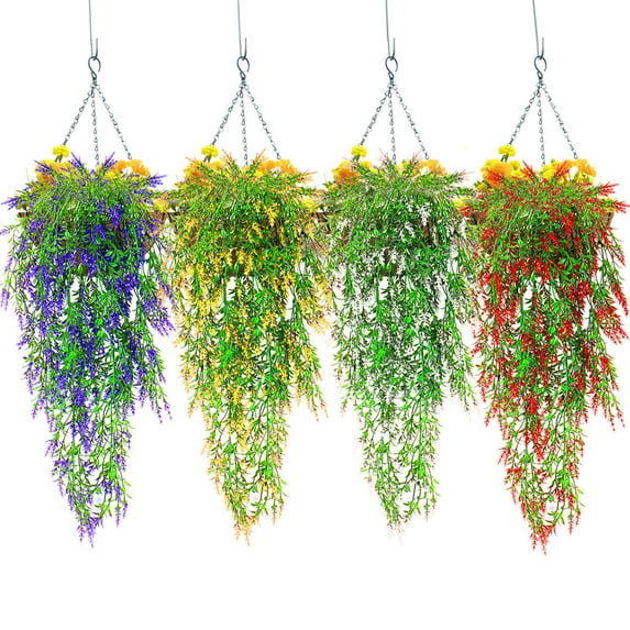 Deago 2 Pack Hanging Plants Artificial Lavender UV Resistant Plants Fake Hanging Vines Flowers for Home Garden Indoor Outdoor Decor (White)