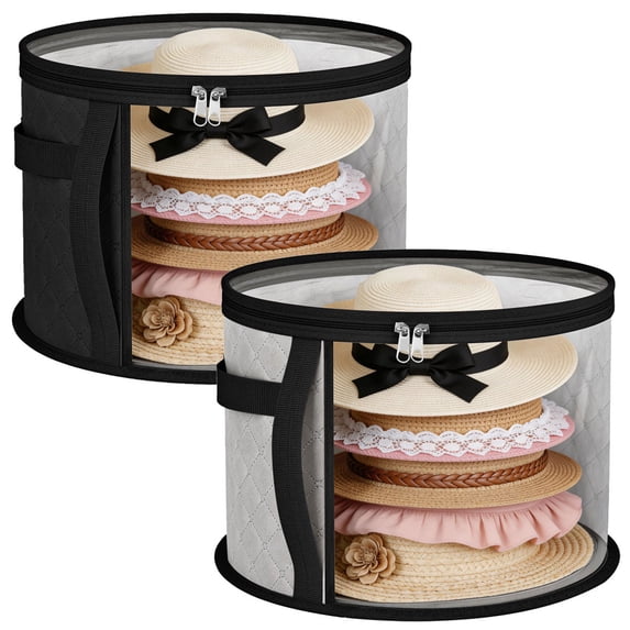 Deago 2 Pack Large Clear Hat Storage Boxes, Foldable Round Cowboy Hat Organizer for Closet, Wide Brims Hat Case with Carrying Handles, Hat Bag