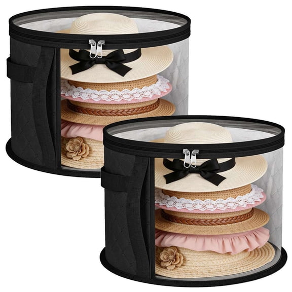 Deago 2 Pack Large Clear Hat Storage Boxes, Foldable Round Cowboy Hat Organizer for Closet, Wide Brims Hat Case with Carrying Handles, Hat Bag (Black)
