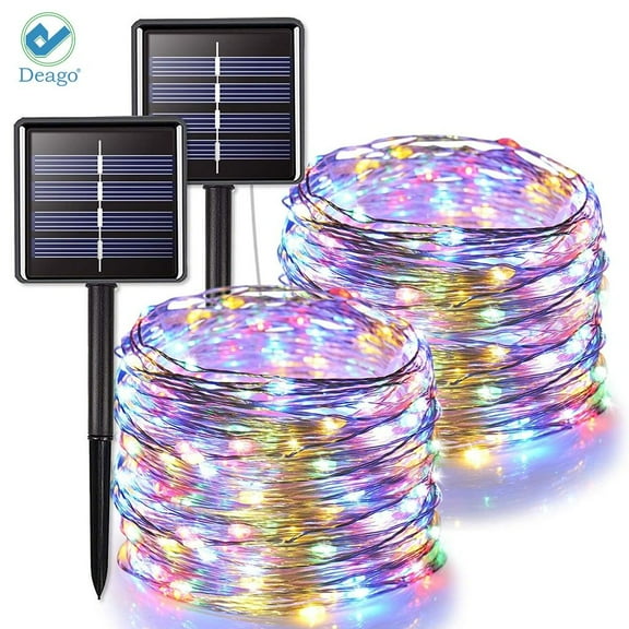 Deago 2 Pack Solar String Light 100LED 33ft 8 Modes Solar Christmas Lights Copper Wire Lights Waterproof for Gardens, Wedding, Party, Homes, Xmas, Outdoors (Colorful)