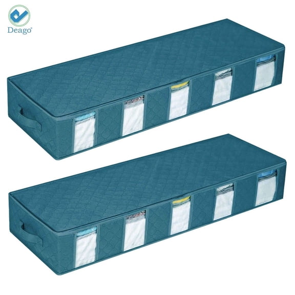 Deago 2 Pack Underbed Storage Bags Containers - Large Capacity Foldable Under Bed Storage Box with Reinforced Handles and Clear Window for Blankets,Clothes,Comforters (Blue)