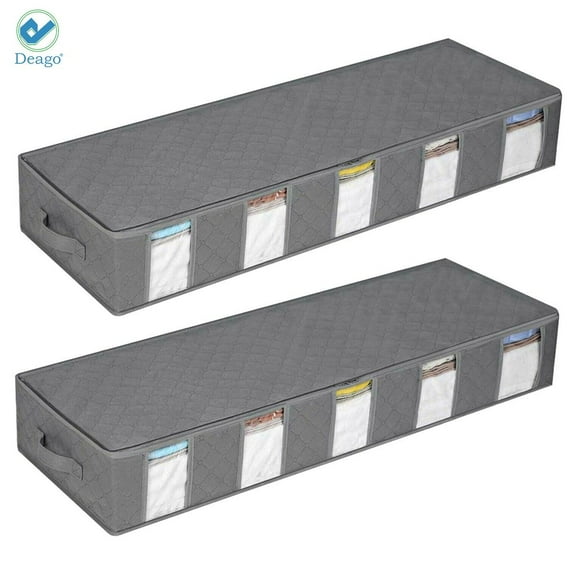 Deago 2 Pack Underbed Storage Bags Containers - Large Capacity Foldable Under Bed Storage Box with Reinforced Handles and Clear Window for Blankets,Clothes,Comforters (Gray)