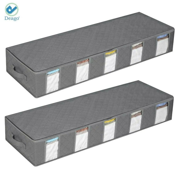 Deago 2 Pack Underbed Storage Bags Containers - Large Capacity Foldable Under Bed Storage Box with Reinforced Handles and Clear Window for Blankets,Clothes,Comforters (Gray)