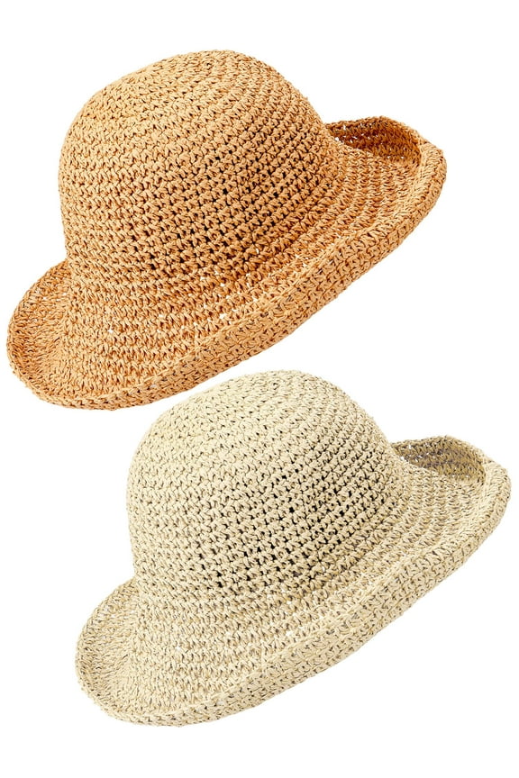 2 Pack Women Foldable Wide Brim Floppy Straw Hat Sun Protection Summer Beach Hat