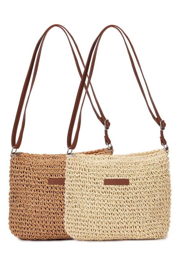 2 Pack Women Summer Straw Crossbody Bag Beach Handmade Woven Shoulder Handbag Purse (Khaki+Beige)