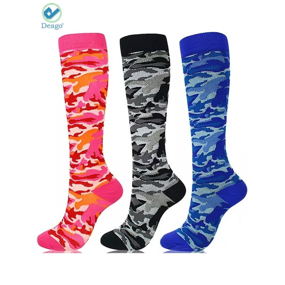 Deago 2 Pairs Camo Knee High Compression Socks for Women 15-20 mmHg is Best Support for Athletic Running Cycling (Black, S/M)