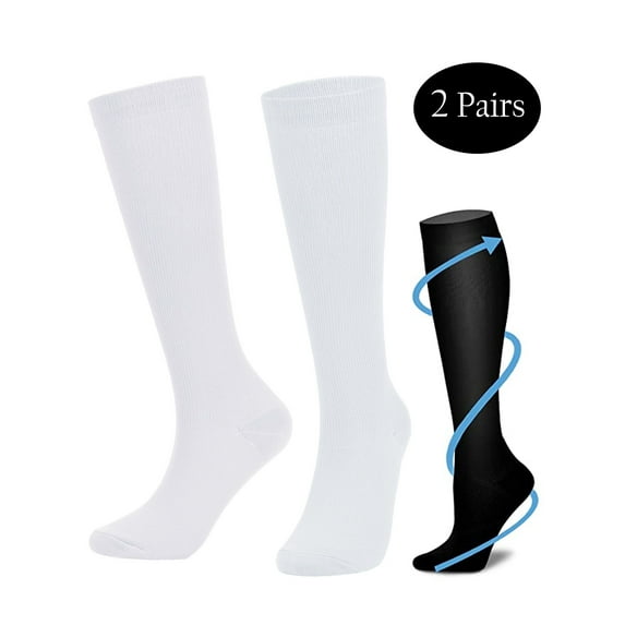 Deago 2 Pairs Compression Socks Women & Men Stockings Graduated Support - Best Running, Athletic Sports, Flight Travel (White, S/M)