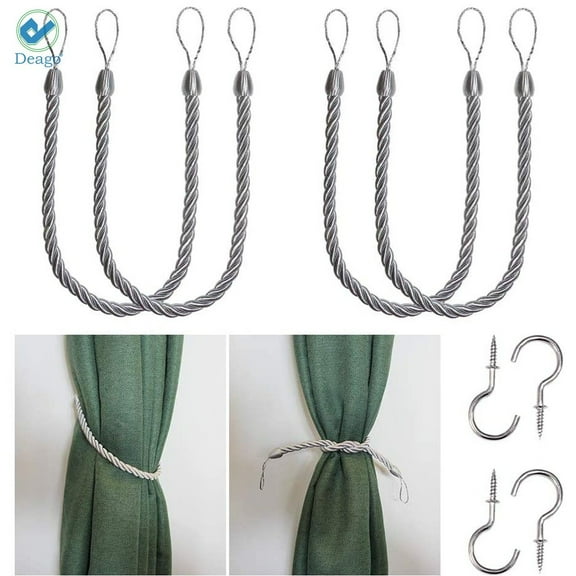 Deago 2 Pairs Curtain Ropes Tiebacks Decorative Handmade Tie Backs Curtain Holdbacks Holders Cord with 4 Metal Screw Hooks for Window Sheer Drapes Indoor Outdoor, Gray