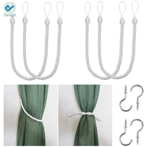 Deago 2 Pairs Curtain Ropes Tiebacks Decorative Handmade Tie Backs Curtain Holdbacks Holders Cord with 4 Metal Screw Hooks for Window Sheer Drapes Indoor Outdoor, White