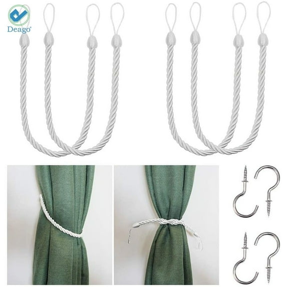 Deago 2 Pairs Curtain Ropes Tiebacks Decorative Handmade Tie Backs Curtain Holdbacks Holders Cord with 4 Metal Screw Hooks for Window Sheer Drapes Indoor Outdoor, White